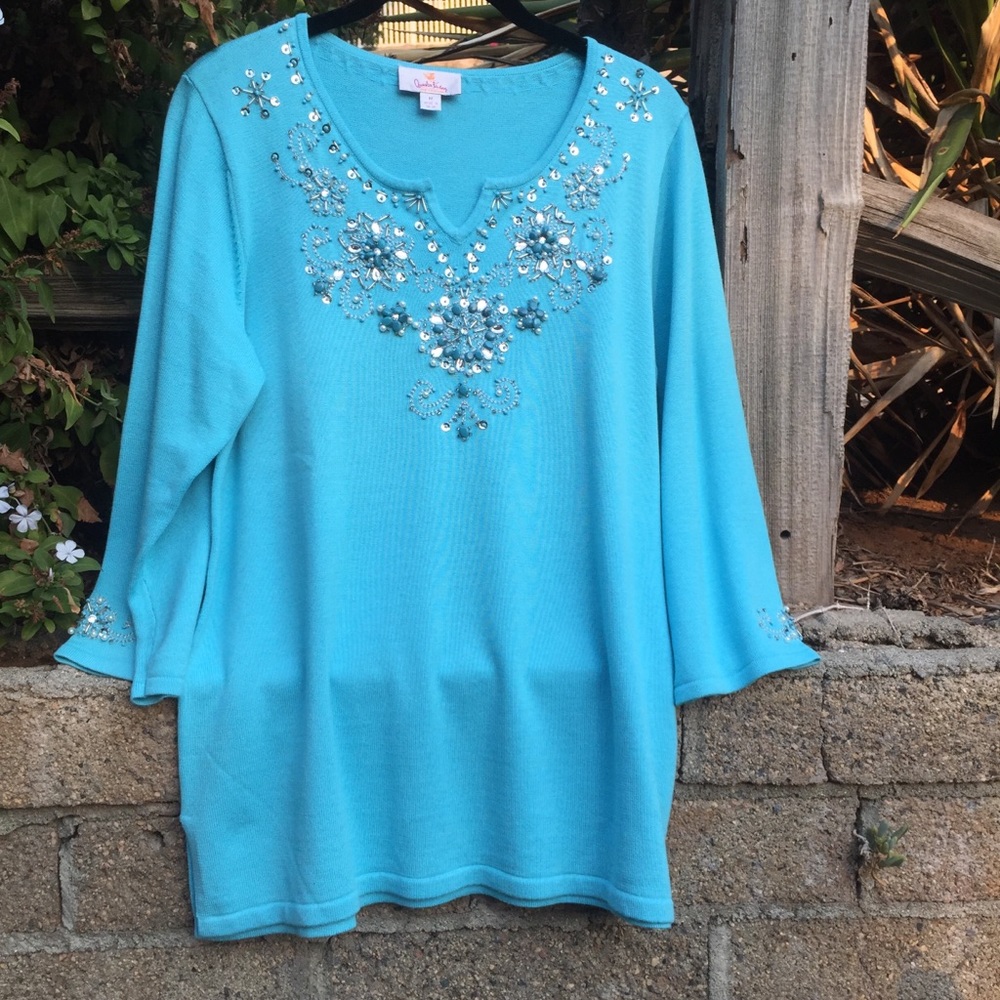 Quacker Factory Beaded 3/4 Sleeve Sweater Blue Med